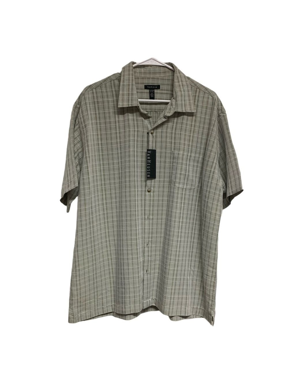 Van Heusen men short sleeve button-up casual shirt olive green plaid size XL NEW